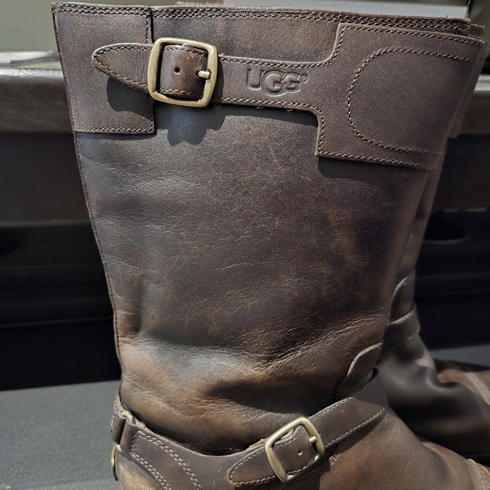 UGG Gershwin Shearling-Lined Brown Waterproof Leather Biker Boots - Picture 7 of 13